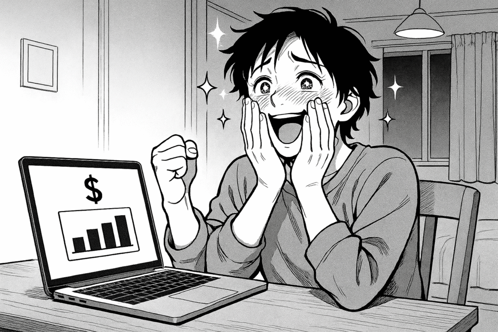 深夜、初めて月5万円達成して喜ぶ表情の線画イラスト