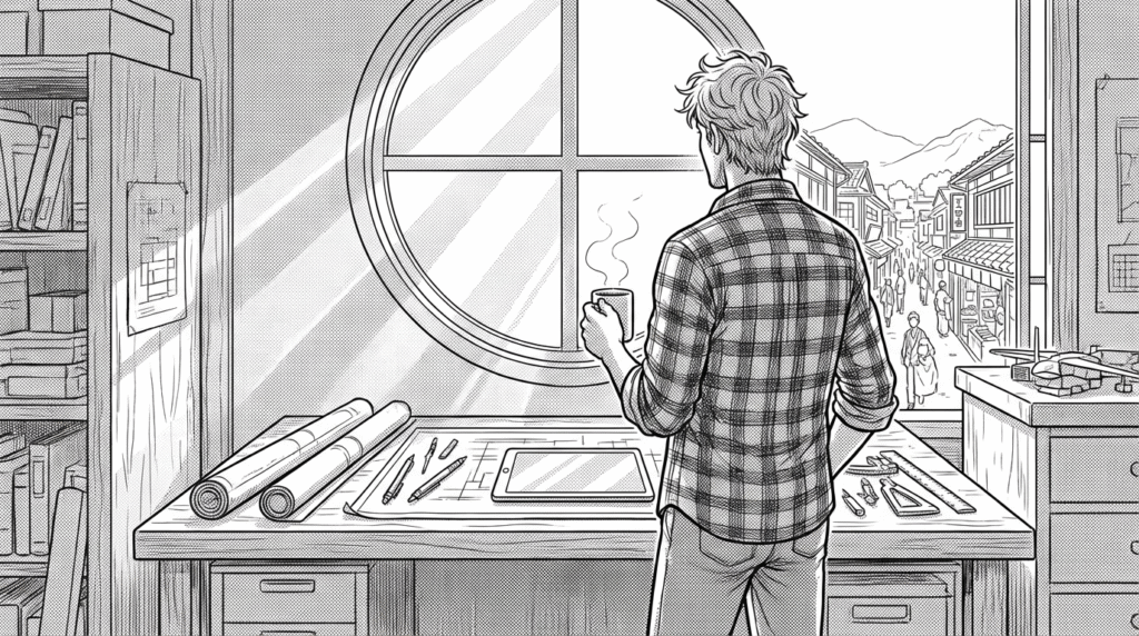 朝日が差し込む部屋で、余裕を持ってコーヒーを飲みながらモニターを眺める男性の後ろ姿の線画イラスト