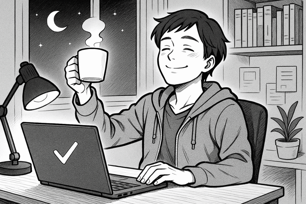 データ分析作業を完了した満足感のある笑顔を浮かべている