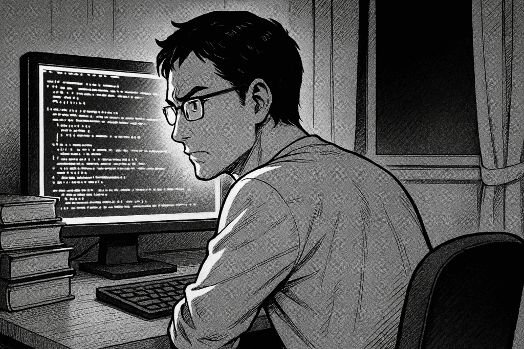 自宅のデスクでPythonのコードを写経しながらエラー画面と格闘する30代男性の線画イラスト