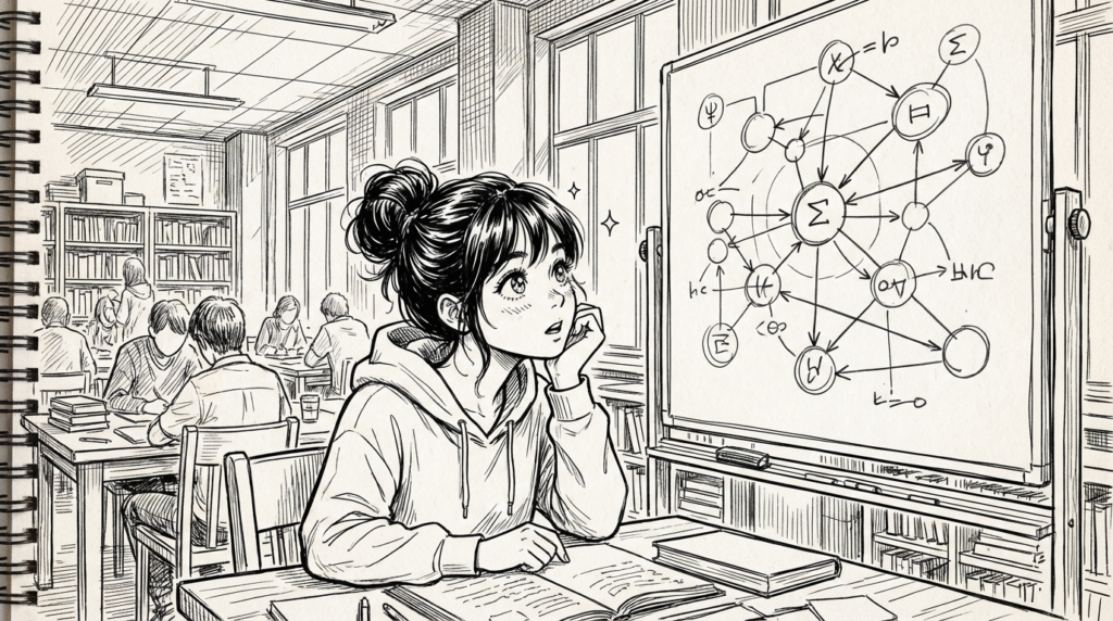 複雑なニューラルネットワークの構成図をホワイトボードに書いて勉強する20代女性の線画イラスト