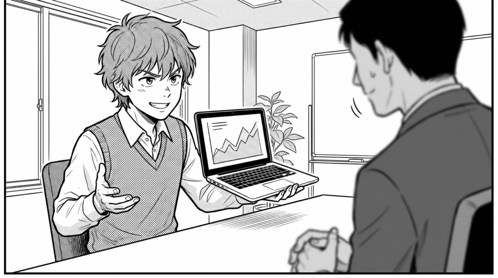 面接官の前で自作のAIアプリを情熱的にプレゼンする男性の線画イラスト