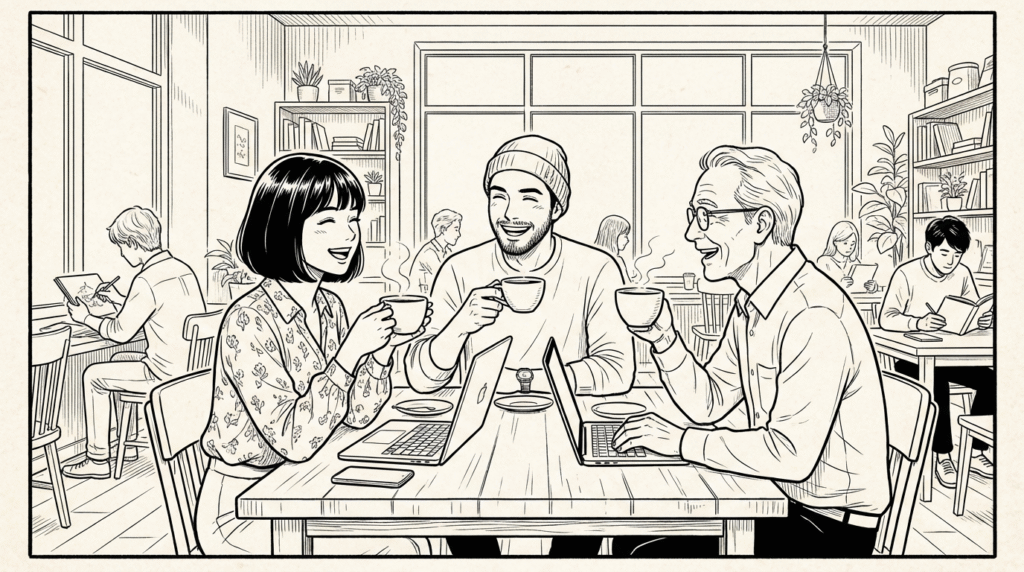 コワーキングスペースで仲間とコーヒーを飲みながら笑顔で議論する様子の線画イラスト