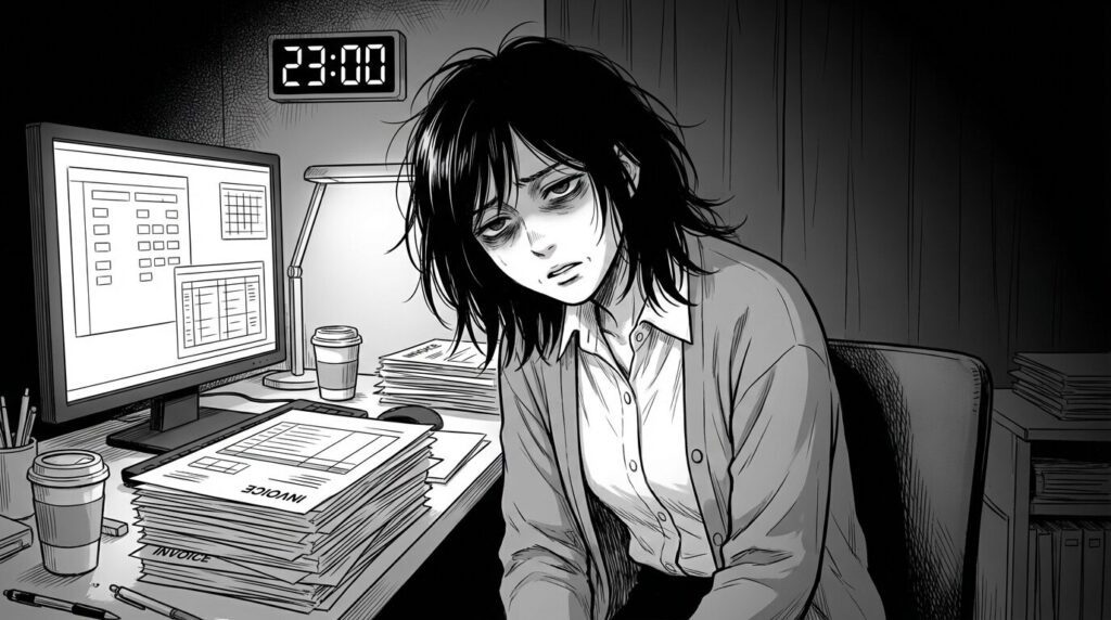 夜のオフィスでデータ入力に追われてヘトヘトになってる会社員のイラスト