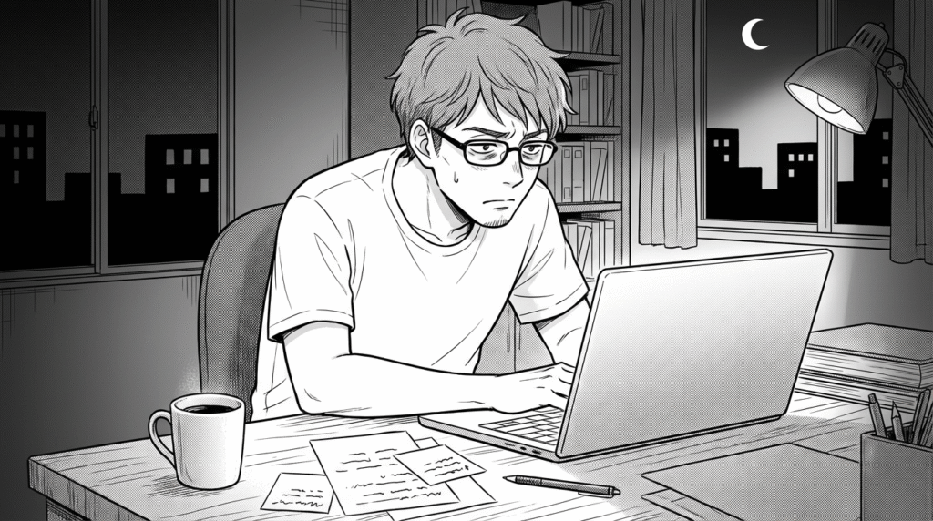 自宅の作業部屋で、ノートパソコンを開きながらAPIの設計に悩む30代男性の線画イラスト