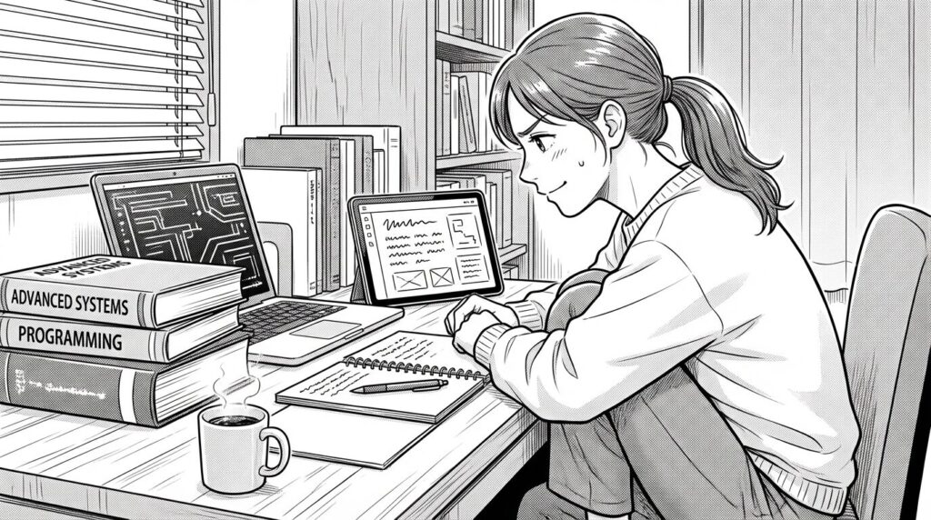 APIドキュメントとPC画面を見比べながら勉強してる女性のイラスト