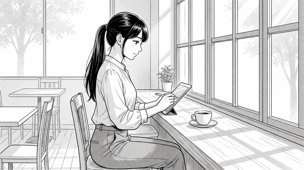 カフェでコーヒーを飲みながら、タブレットでAPI設計図を眺める20代女性の線画イラスト