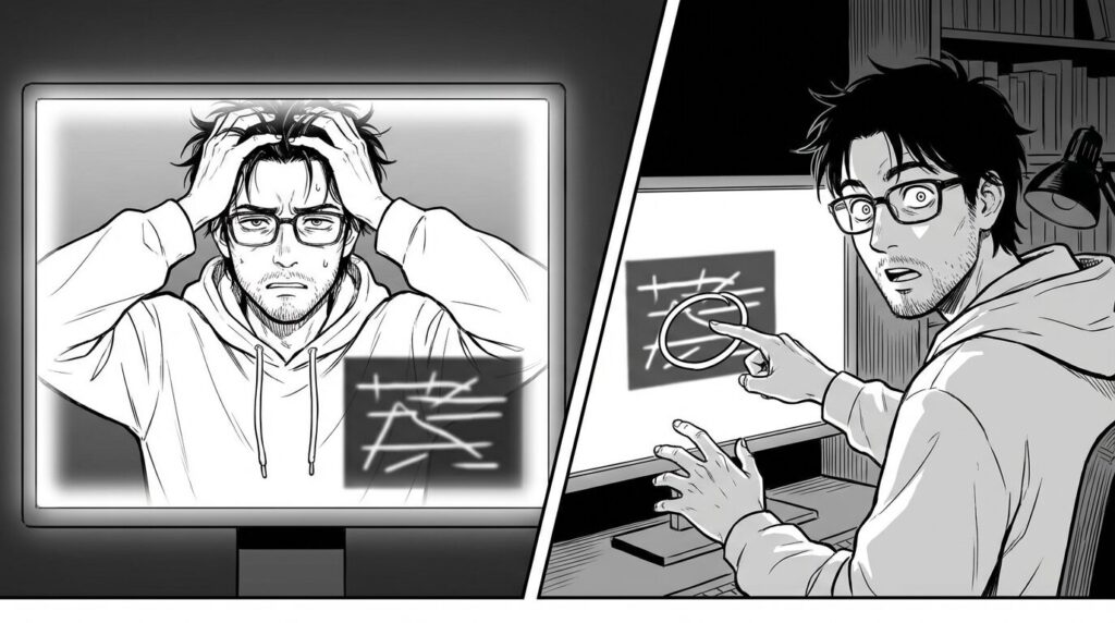 エラーログを見て解決策を思いつく男性のイラスト