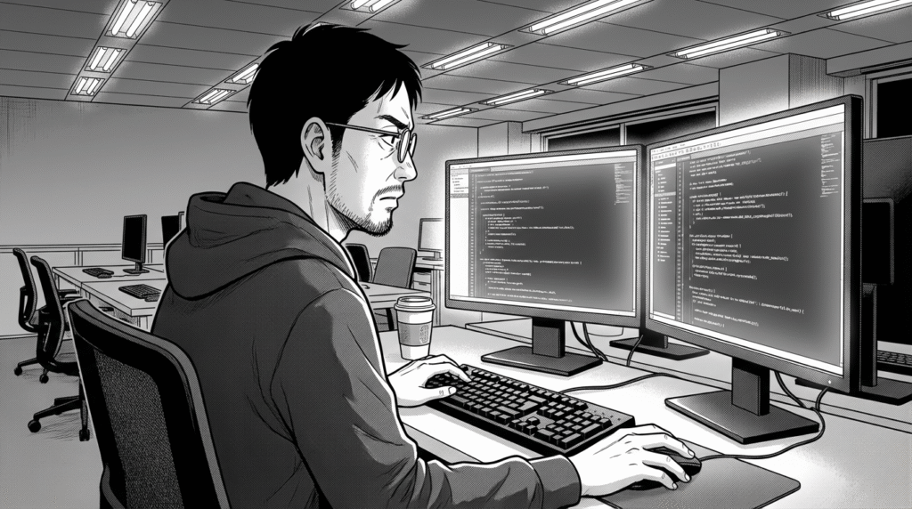 深夜のコワーキングスペースで、複数のモニターを使ってREST APIの実装コードを書く40代男性の線画イラスト