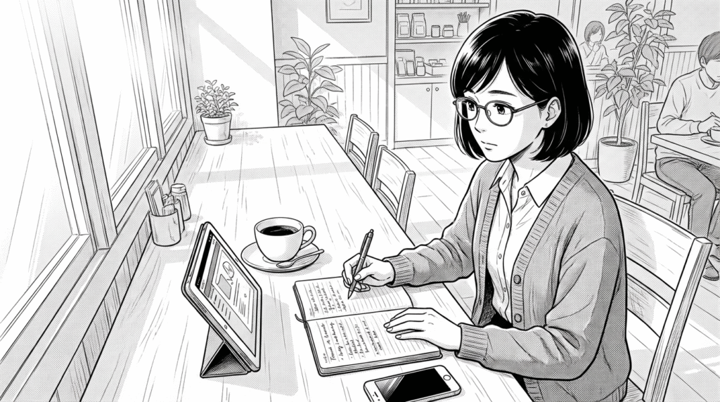 朝のカフェで、タブレットとノートを使ってGraphQLのスキーマ設計を練る30代女性の線画イラスト