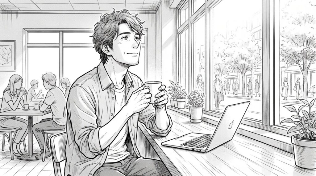 カフェでPCに向かっているイラスト