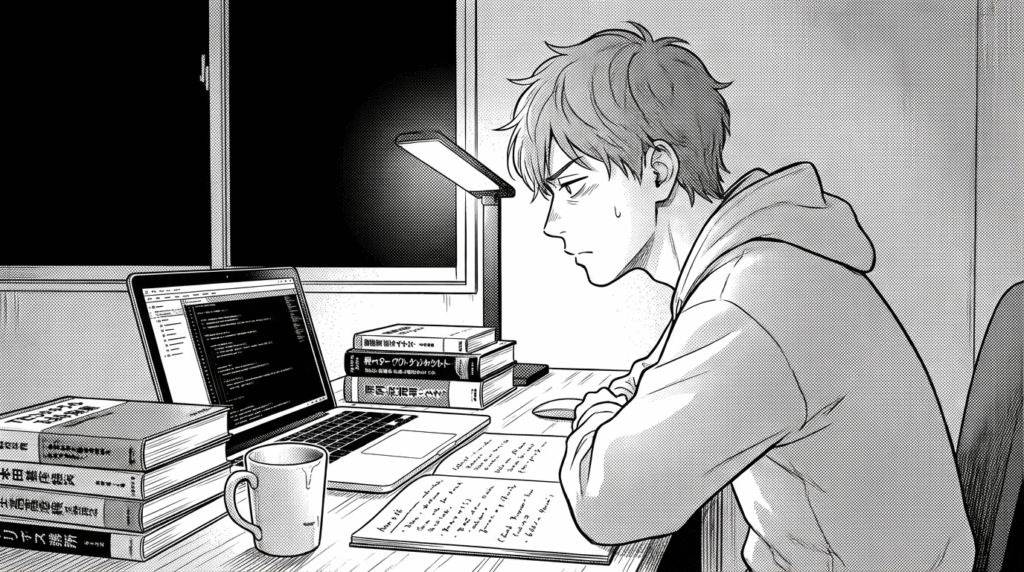 自宅で夜遅くまでAPI開発の勉強をしている20代男性の線画イラスト