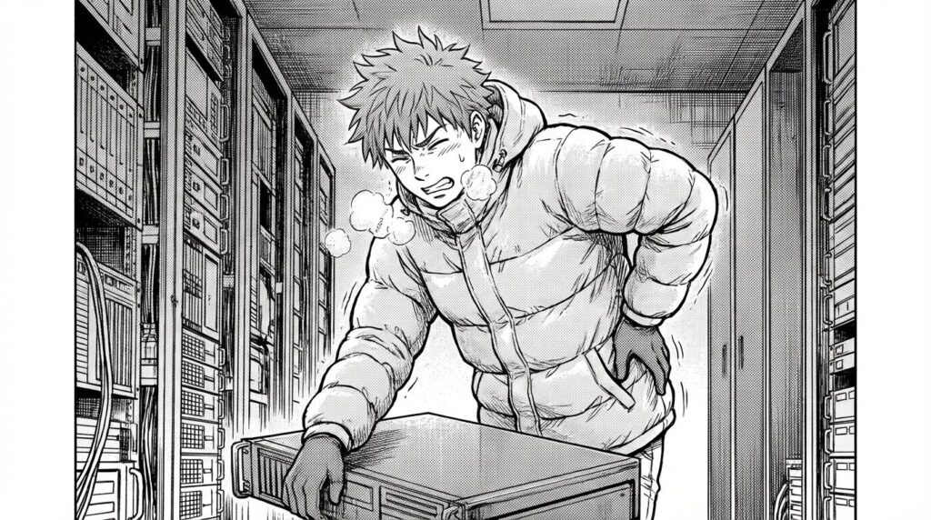 真冬のデータセンターで、ダウンジャケットを着てサーバーラックに向かい、寒さと重さに耐えながら作業している過去のエンジニアの線画イラスト