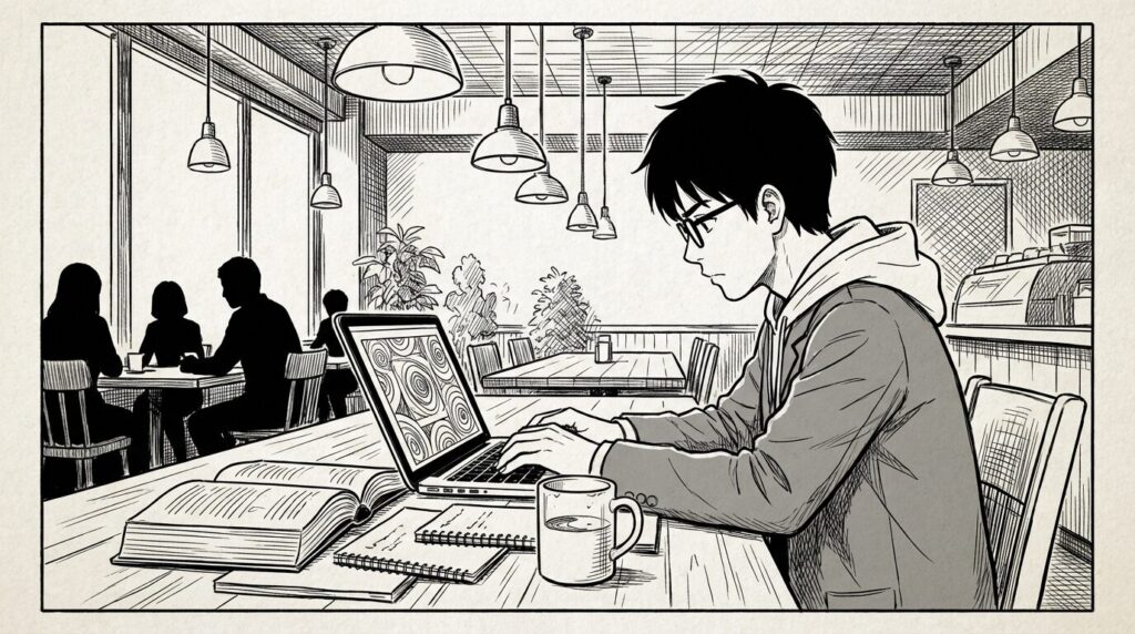 真剣な眼差しでPCに向かう横顔。横には飲みかけのコーヒー