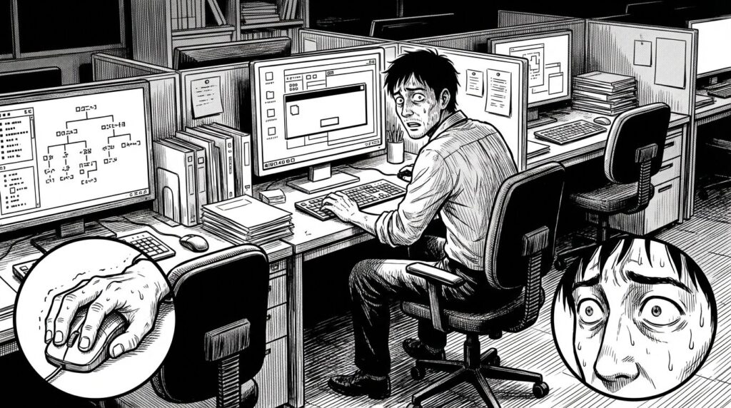 深夜のオフィスで、FTPクライアントの画面を見つめながら、マウスを持つ手が震えているエンジニアの背中。画面には「上書きしますか？」のアラートが出ている線画イラスト