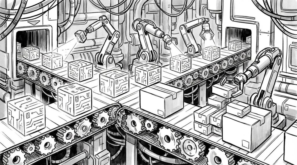 ベルトコンベアのようなラインの上を「コードの箱」が流れ、ロボットアームが自動で検査（虫眼鏡）や梱包を行い、出荷口へ運んでいく工場のイメージイラスト