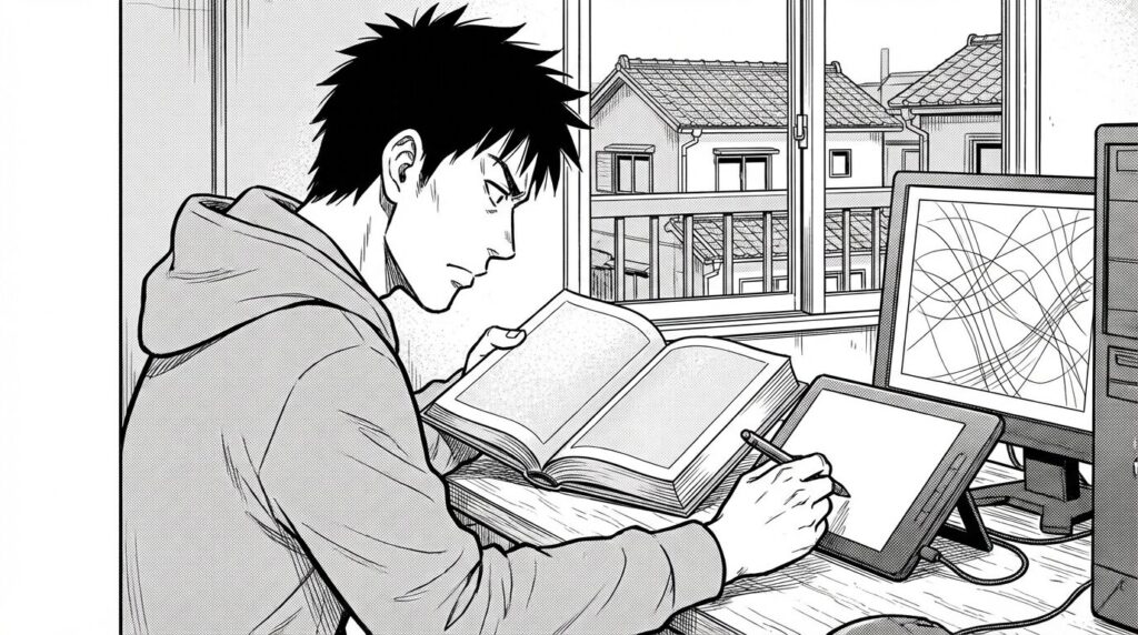 技術書を開きながら、PC画面のYAMLファイルと格闘しているエンジニア。真剣な眼差しでインデントを確認している様子の線画イラスト