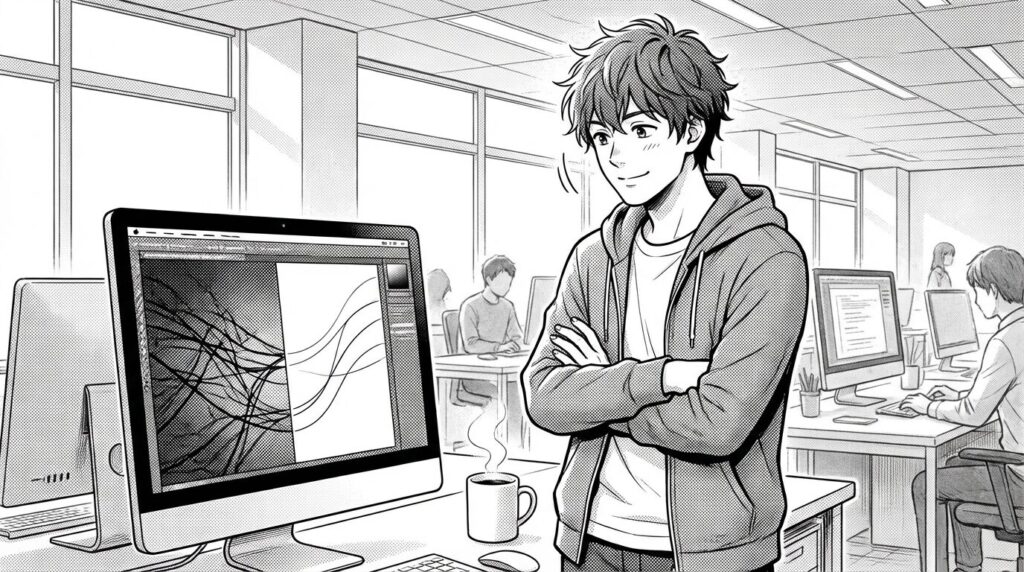 複数のモニターに表示されたエディタ画面とGitHub Actionsの実行ログを見比べ、赤いエラー表示が緑色のチェックマークに変わった瞬間、腕組みをして満足げに見守るエンジニアの線画イラスト