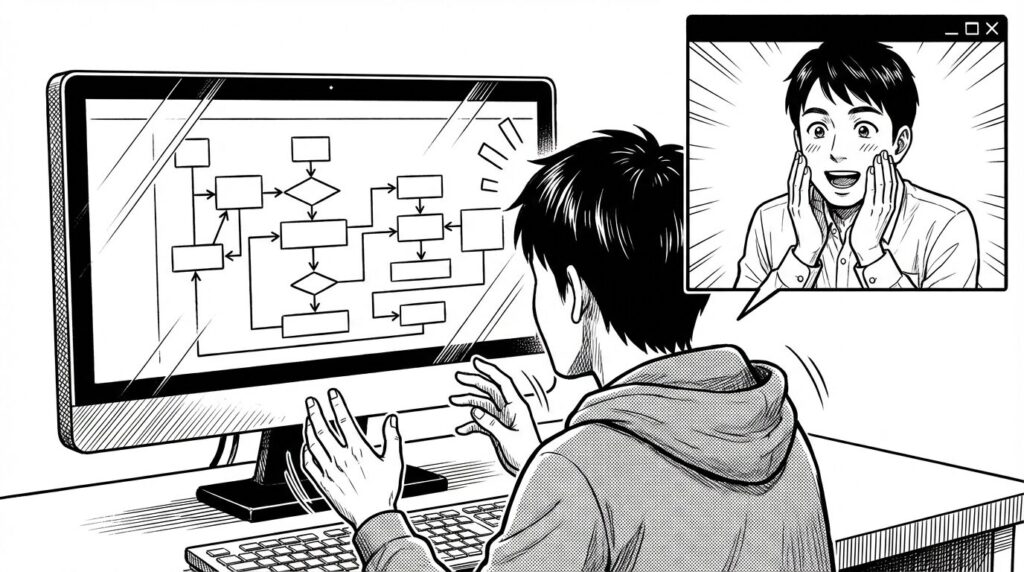 オンラインミーティングの画面越しに、クライアントに対して自動化されたワークフロー図を見せながらメリットを説明し、クライアントが感心して身を乗り出している様子の線画イラスト