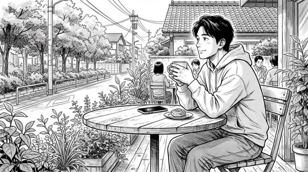 休日のカフェテラスで、ノートPCを開かずにリラックスして飲み物を楽しんでいるエンジニア。手元のスマートフォンには「Deploy Success」の通知が静かに届いており、それに気づいて口元を緩ませているシーンの線画イラスト