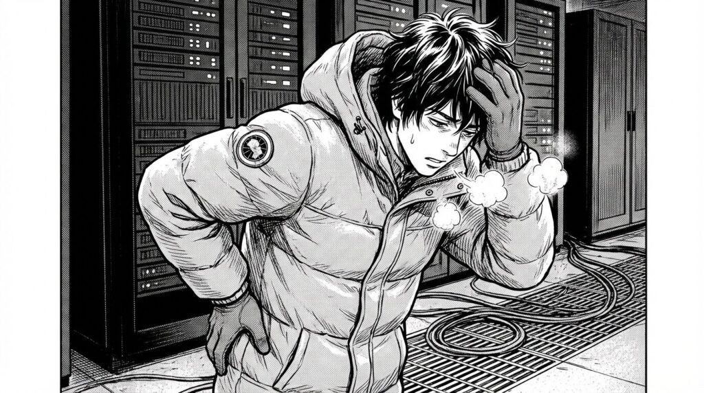 深夜のデータセンターで、ダウンジャケットを着てサーバーラックに向かい、寒さと重さに耐えながら作業している過去のエンジニアの線画イラスト