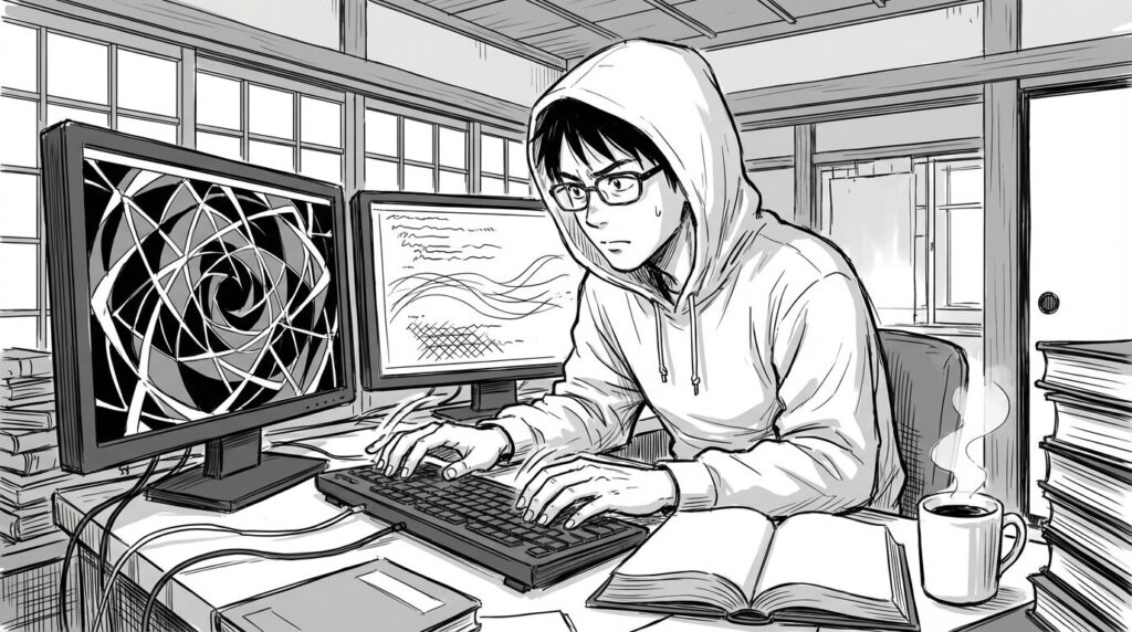 自宅のデスクで、AWSのマネジメントコンソール画面とTerraformのコードエディタをデュアルモニターで開き、インフラ構築の学習に没頭しているエンジニアの線画イラスト