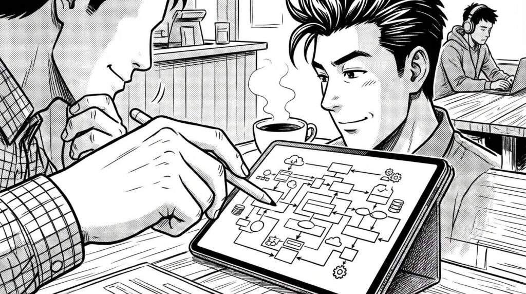 エンジニアが、タブレットに表示させた自作のAWS構成図（アーキテクチャ図）を指差しながら、ポートフォリオとして解説している手元のアップの線画イラスト