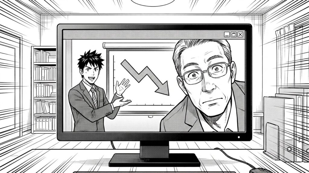 オンラインミーティングの画面越しに、エンジニアがクライアントに対して「コスト削減プラン」の資料を見せながら提案しており、クライアントが身を乗り出して興味津々に聞いている線画イラスト