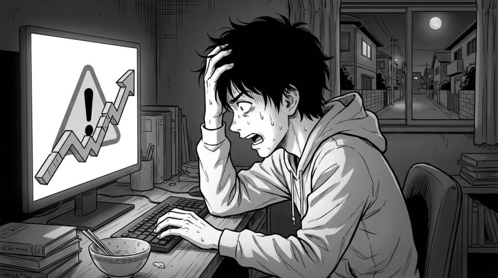 PC画面に表示された赤いエラー表示やコスト警告のアラートを見て、エンジニアが焦ってキーボードを叩き対応しようとしている緊迫した様子の線画イラスト