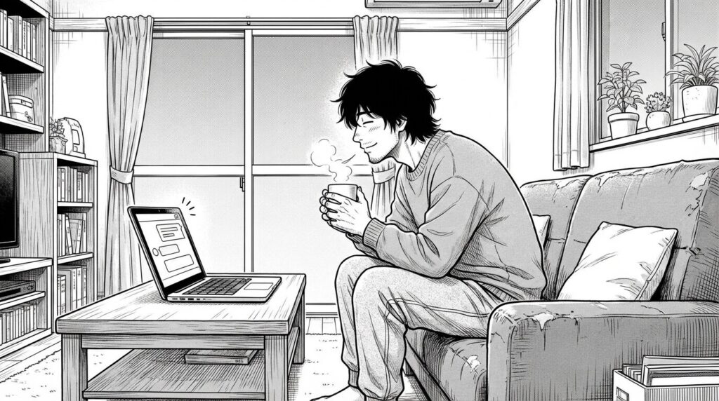 リビングのテーブルで、ノートPCの画面に表示された「入金完了」の通知と、クライアントからの「おかげで安定稼働しています」という感謝のメッセージを見て、充実感に満ちた笑顔でコーヒーを飲んでいるエンジニアの線画イラスト