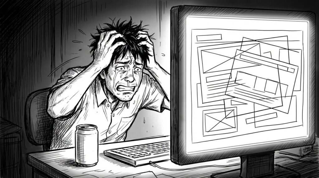 散らかったデスクで、崩れたレイアウトが表示されたモニターを見つめながら頭を抱えているエンジニアの線画イラスト