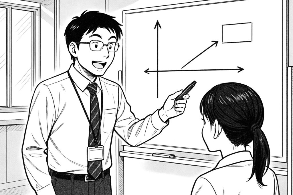 ホワイトボードに描かれたFlexboxの軸の図を指差しながら、後輩エンジニアに熱心に説明している様子の線画イラスト