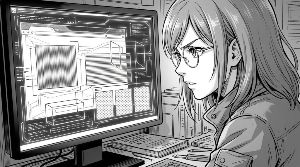 PCモニターに表示された複雑なWebサイトのレイアウト構造を、FlexboxとGridの領域に色分けして分析している様子の線画イラスト