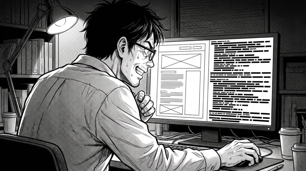 深夜のオフィスで、検証ツール（DevTools）の画面を食い入るように見つめながら、バグの原因を探っている様子の線画イラスト