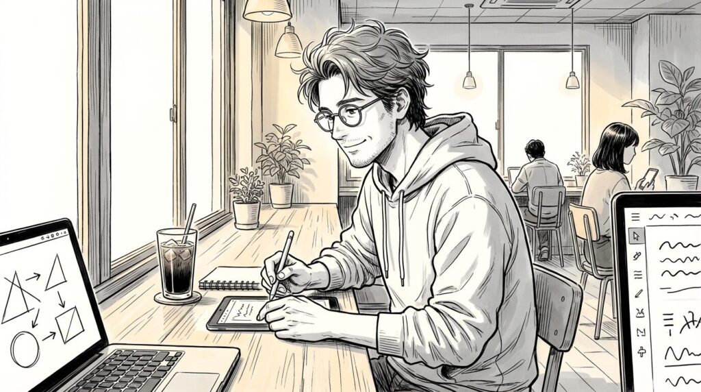 カフェでノートPCを開き、有名なWebサイトのデザインを模写コーディングしながら、構造を分析している様子の線画イラスト