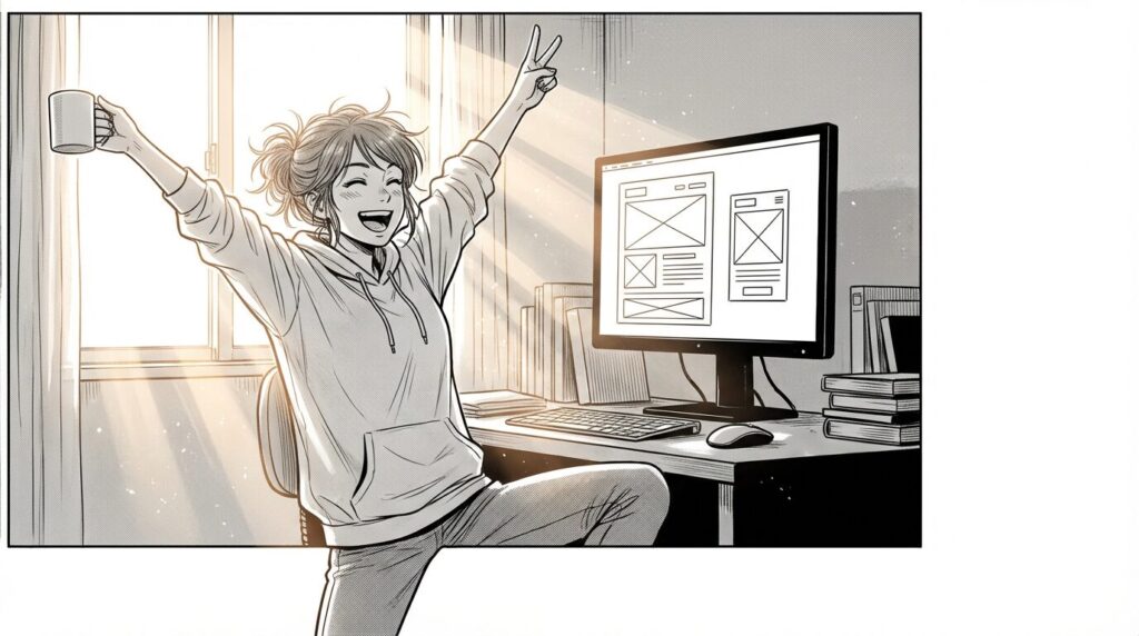 窓から朝日が差し込む部屋で、完成した美しいレスポンシブサイトが表示されたモニターを満足げに見つめるエンジニアの線画イラスト