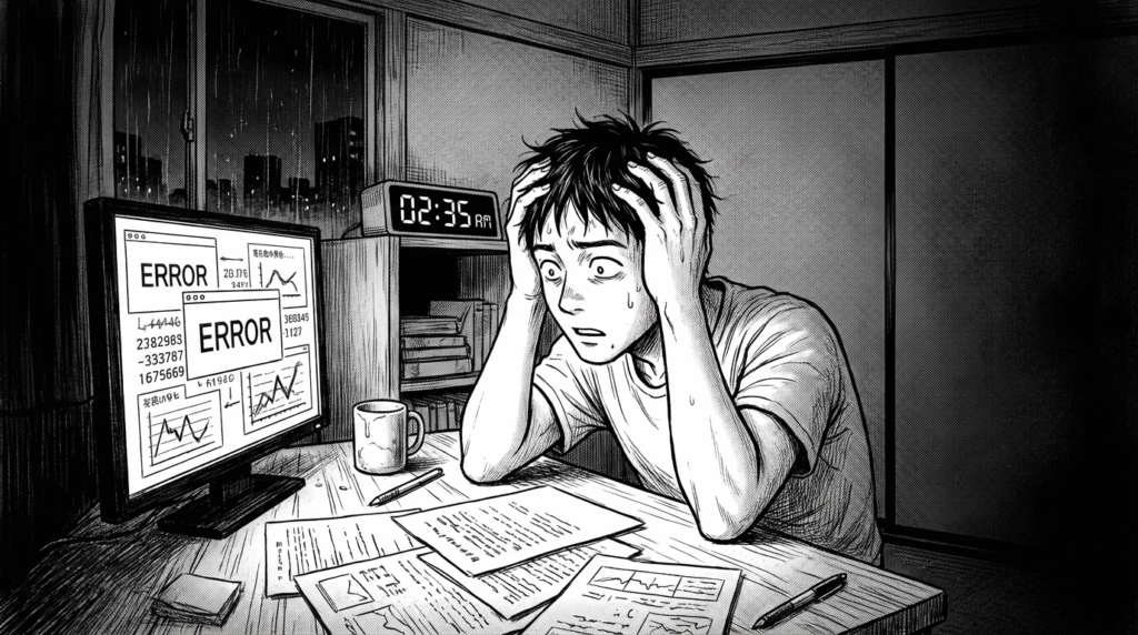 深夜、PCの画面を見て頭を抱える30代男性エンジニアの線画イラスト
