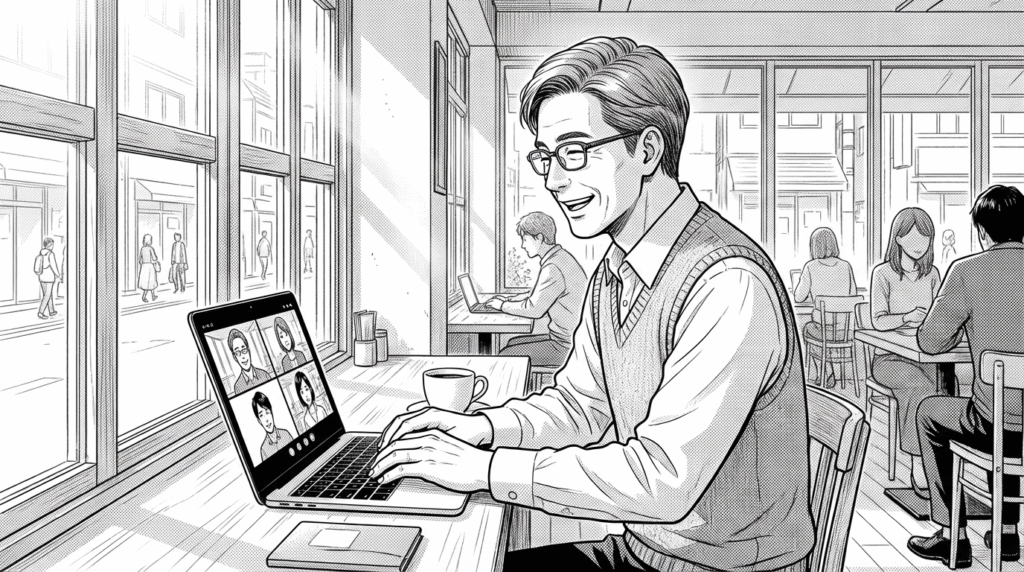 カフェで嬉しそうにクライアントとオンライン打ち合わせする40代男性の線画イラスト