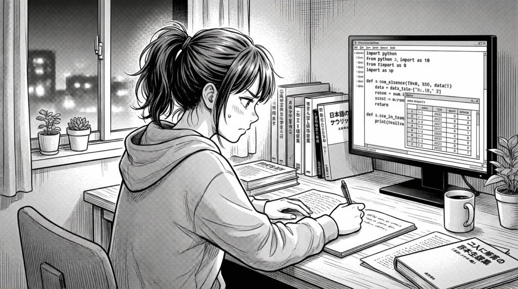 自宅のデスクでデータを確認しながらコードを書く20代女性の線画イラスト