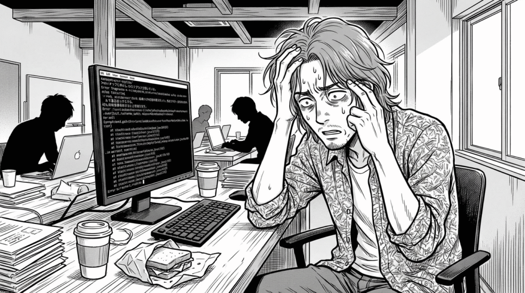 コワーキングスペースでコードのエラーと格闘する30代男性の線画イラスト