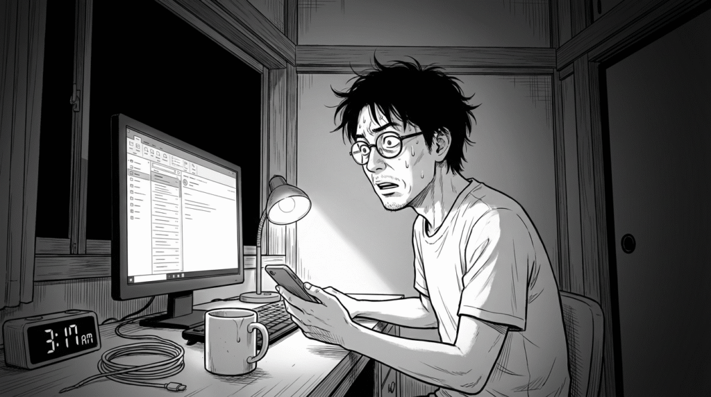 深夜、クライアントからのメールを見て焦る表情の40代男性の線画イラスト