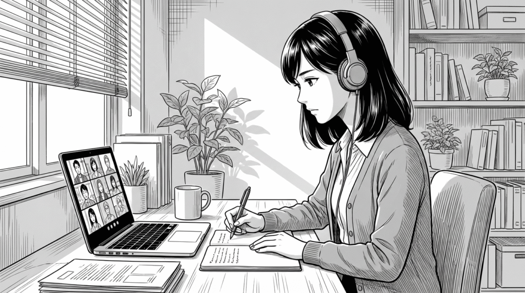 自宅でクライアントとビデオ会議しながらメモを取る20代女性の線画イラスト