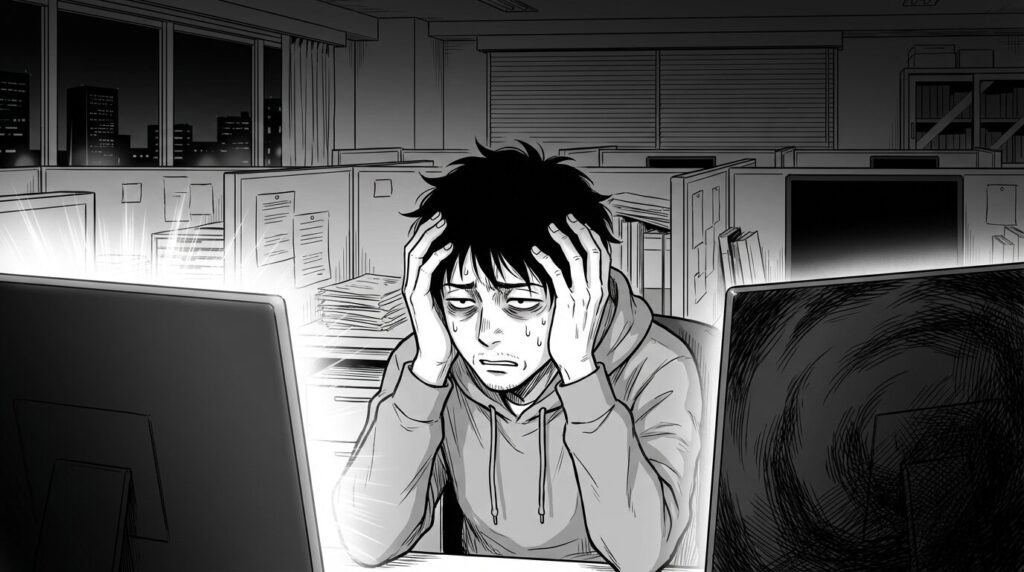 深夜のオフィスで、開発環境と本番環境の挙動の違いに頭を抱え、複数のモニターを見比べながら冷や汗をかいているエンジニアの線画イラスト