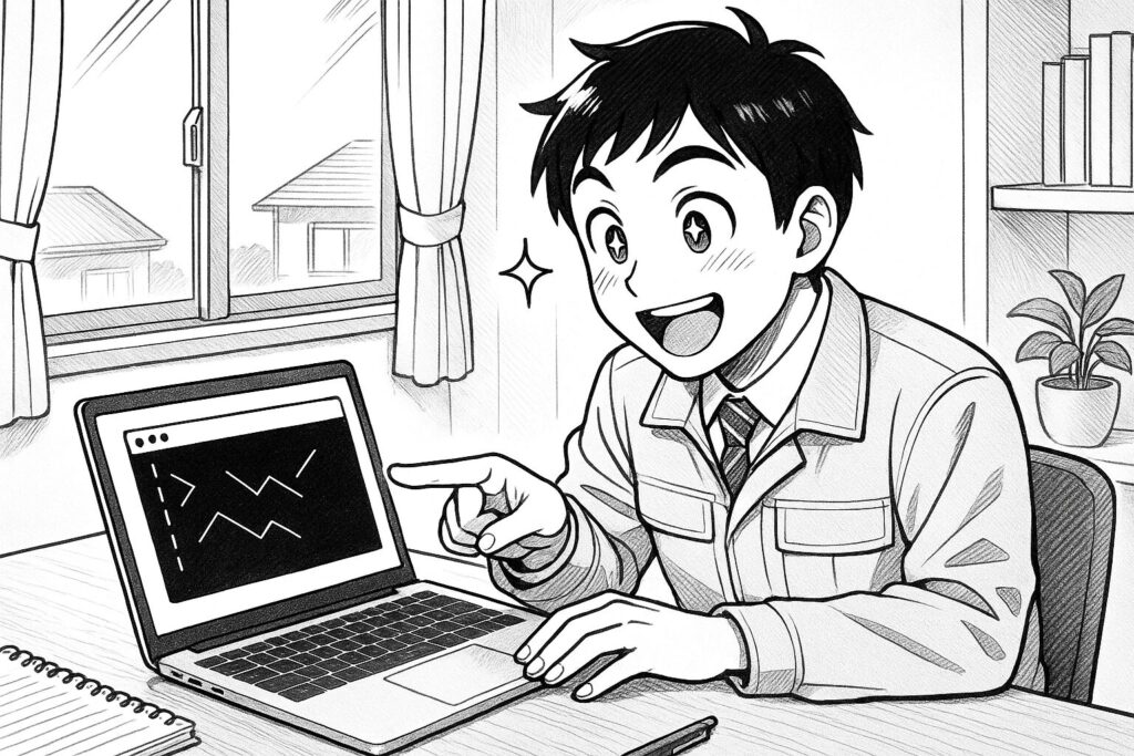 PC画面上でDockerのコマンドを入力し、ブラウザに「Hello Docker!」が表示された瞬間を見て、その手軽さに驚きと喜びを感じているエンジニアの線画イラスト