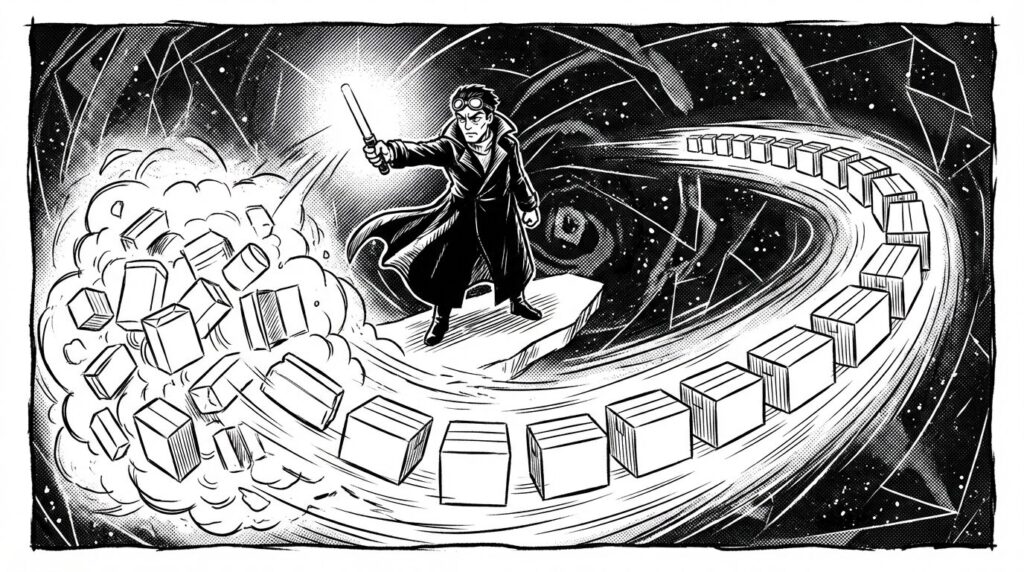 無数のコンテナ(箱)が散乱して収拾がつかない状況の中、指揮棒を持ったKubernetesのキャラクターが現れて、整然と隊列を組ませているイメージの線画イラスト