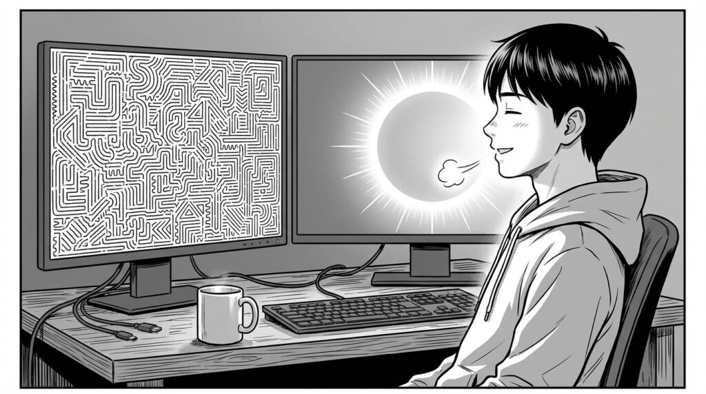 複数のモニターに表示された複雑なYAMLファイルと格闘しつつ、CI/CDパイプラインが正常に動作して緑色のチェックマークがついたのを確認して安堵するエンジニアの線画イラスト