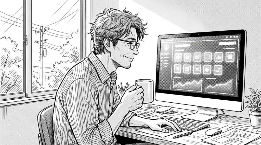 PC画面上に、Kubernetesのダッシュボードが表示され、全てのPodが正常に稼働している(All Systems Go)状態を確認し、コーヒーを片手に頼もしい表情でモニターを見つめるエンジニアの線画イラスト