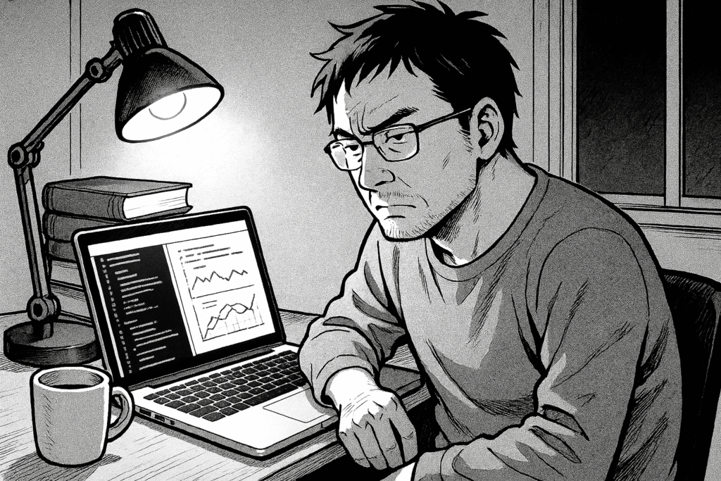 自宅の書斎で深夜にデータサイエンスの勉強をする40代男性の線画イラスト