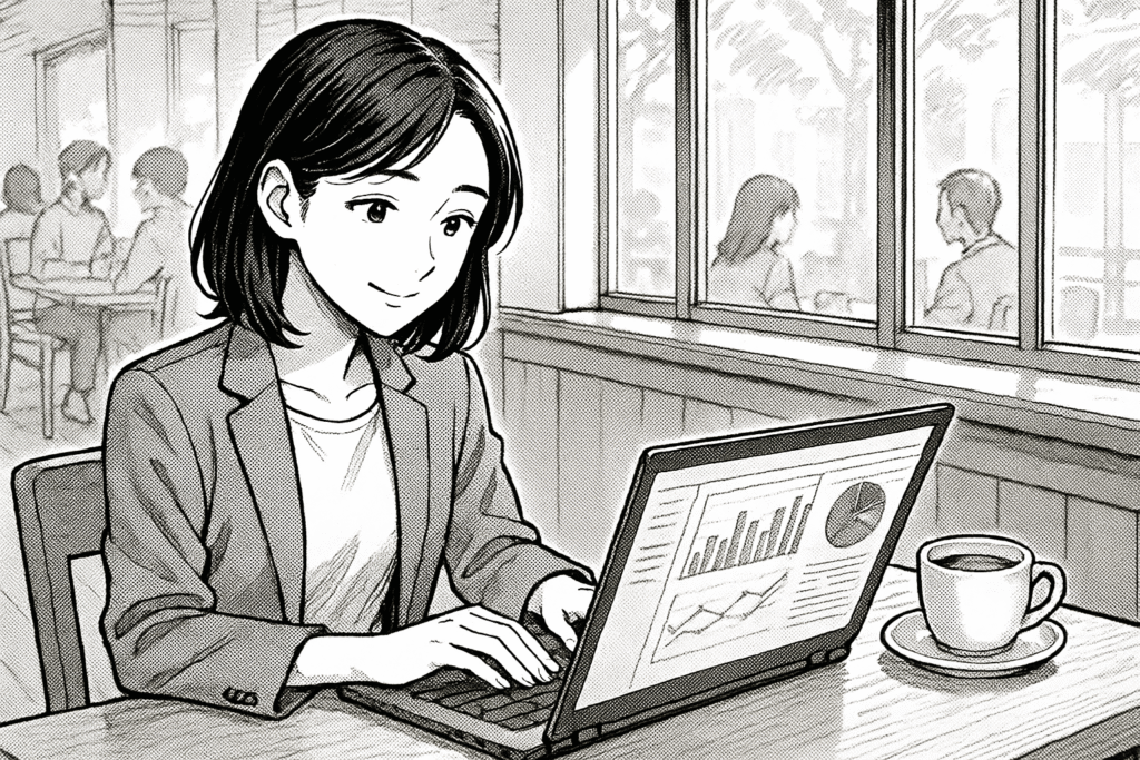 カフェでノートパソコンを開きデータ分析の副業をする20代女性の線画イラスト