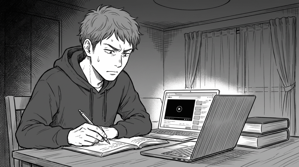 オンライン学習動画を見ながらノートにメモを取る30代男性の線画イラスト